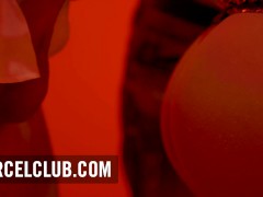 Clea Gaultier is playing with 2 guys in the bathroom of a night club