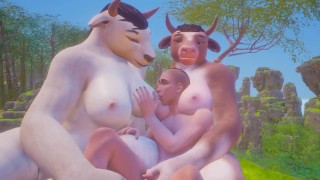 Twink cums on furry's huge tits