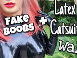 Walking in Latex Catsuit with Fake Silicone Breasts 