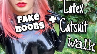 Walking In Catsuit With Fake Silicone Breasts