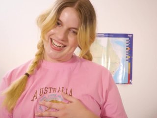 Pigtailed Aussie blonde enjoys Vegemite then fingers and toys her hairy cunt