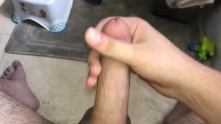 Cumshot in bathroom (parents are outside) ALMOST CAUGHT