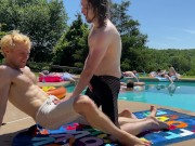 Preview 3 of Poolside Play: Rocky Sparks and James Holt Kissing, Frot, Footjob, Spandex, Oral, Handjob, Cumshots