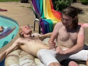 Preview 5 of Poolside Play: Rocky Sparks and James Holt Kissing, Frot, Footjob, Spandex, Oral, Handjob, Cumshots