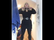 Preview 5 of Brigitte's Black dress (trans, crossdress, mask, female mask, fetish, blonde, pantyhose, high heels)