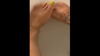 step sister gives me a footjob in green toes (cum on feet)