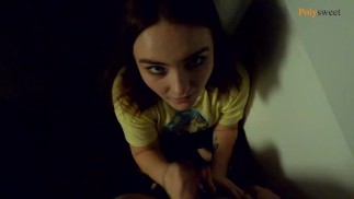 The girl gives a blowjob on a public balcony, and then walks with a cum on her face
