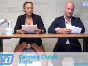 Preview 1 of Camsoda News Network anchors rides sybian and gives amazing blowjob
