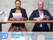 Preview 2 of Camsoda News Network anchors rides sybian and gives amazing blowjob