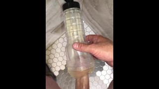Fucking my wall mounted Clear Fleshlight in the Public Shower, double barrel fucked with a BBC Dildo