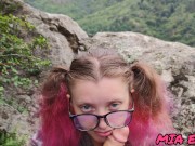 Preview 5 of blowjob in the mountains from a girl in glasses with pink hair cum on glasses and face