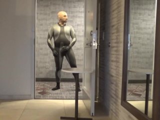 showing dolphin wetsuit bulge and silicone mask at hotel door and window, no cum