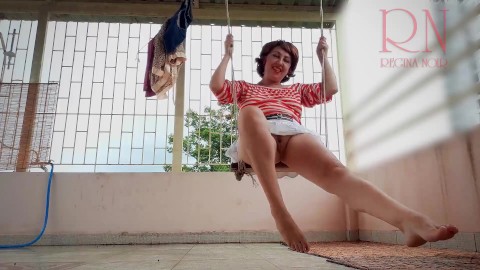 Cute housewife has fun without panties on the swing Slut swings and shows her perfect pussy 1