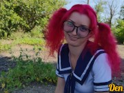 Preview 2 of cute schoolgirl with pink hair in glasses and stockings gives a blowjob and gets anal sex