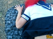 Preview 6 of cute schoolgirl with pink hair in glasses and stockings gives a blowjob and gets anal sex