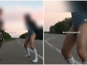 Preview 1 of Amateur Roadtrip Ballbusting and Footjob Double Cumshot in Nylons