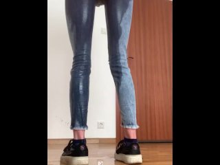 piss in jeans, solo female, naughty, pov