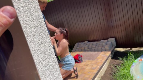 Caught. Busty girl sucks boyfriend in my backyard!