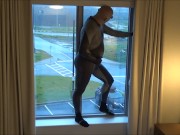 Preview 2 of silicone masked wetsuited guy gets horny at hotel window and humps his pillows