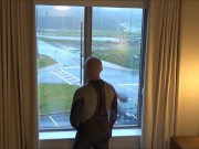 Preview 6 of silicone masked wetsuited guy gets horny at hotel window and humps his pillows