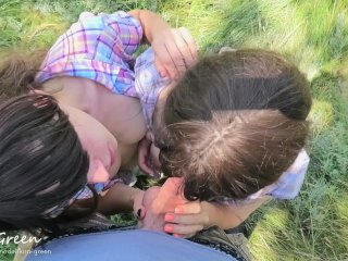 Outdoor Blowjob, Cumshot on Tongue, Sucking AfterCumming - Pov Ffm Threesome AmateurKira Green