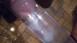 Blasting cum clouds in a tube of water with moaning cumshot