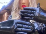 Real Rubber Doll Playing With Shiny Latex Gloves 