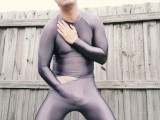 Spandex boy masturbating outdoors in shiny tights