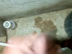Jerking in bath room while rainy out side.