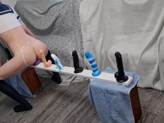 Skinny Babe Riding all Her Dildos from Small_to Big till Big Orgasm