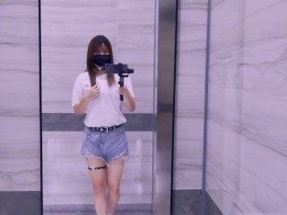 Crossdresser | Trap Girl Dick Flash with Short Jeans, and Jerk off in Public Toilet