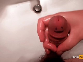 painted cock, cum smile, happy handjob, happy dick