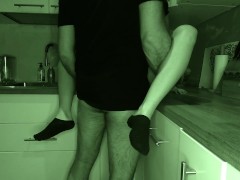 The neighbor's husband is asleep and we fuck quickly in the kitchen BLACK SOCKS