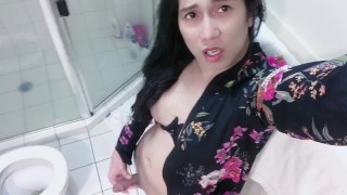 trans anairb pee and masturbate then cum in the toilet