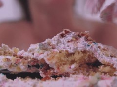 Sitting on a cake and stuffiing my belly, feeling the cream and my ass covered in sprinkles