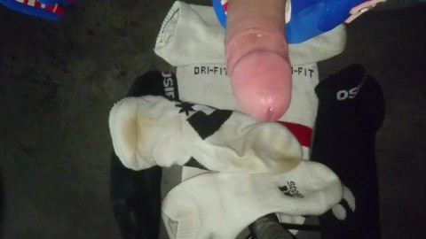 Cumshot on sweaty white Jordan Socks with FOX MX gloves