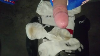 Cumshot on sweaty white Jordan Socks with FOX MX gloves