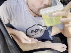 REAL PISS DRINKING! Desperate on long road trip!