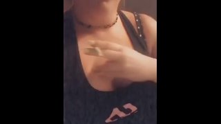Smoking outside and playing with my big tits