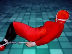 Selfbondage in red on the dance floor with ice lock
