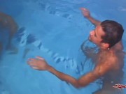 Preview 4 of Brunette Boy Gets Double Dicked By Two Hunks Poolside!