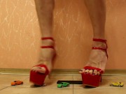 Preview 2 of TRANNY GIANTESS AMANDA CRUSHES TOY CARS ON HIGH HEELS IN RED DRESS -1 (CRUSH FETISH)