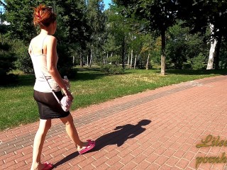Publicwalking in total transparent skirt