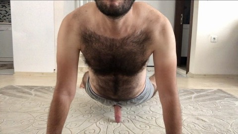 Perfect hairy gay playing alone at the summer house