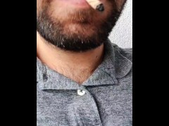 Smoking on the balcony with my cock full balls and cock so hard - see the twitch at the end