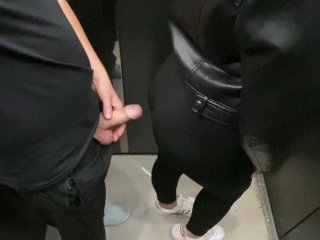 elevator sex, reality, black leggings, creampie