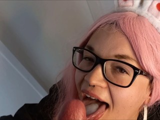 Hot Teen with Bunny Ears Sloppy Blowjob with Cumshot