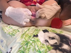 Skinny milf in stockings, fucks her pussy with gloves, fisting, anal - Little Nika