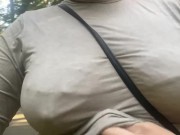 Preview 1 of Milf flashing tits and play erect nipples in public/ masturbation in the city park