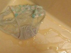 Pissing on light-blue panties!!